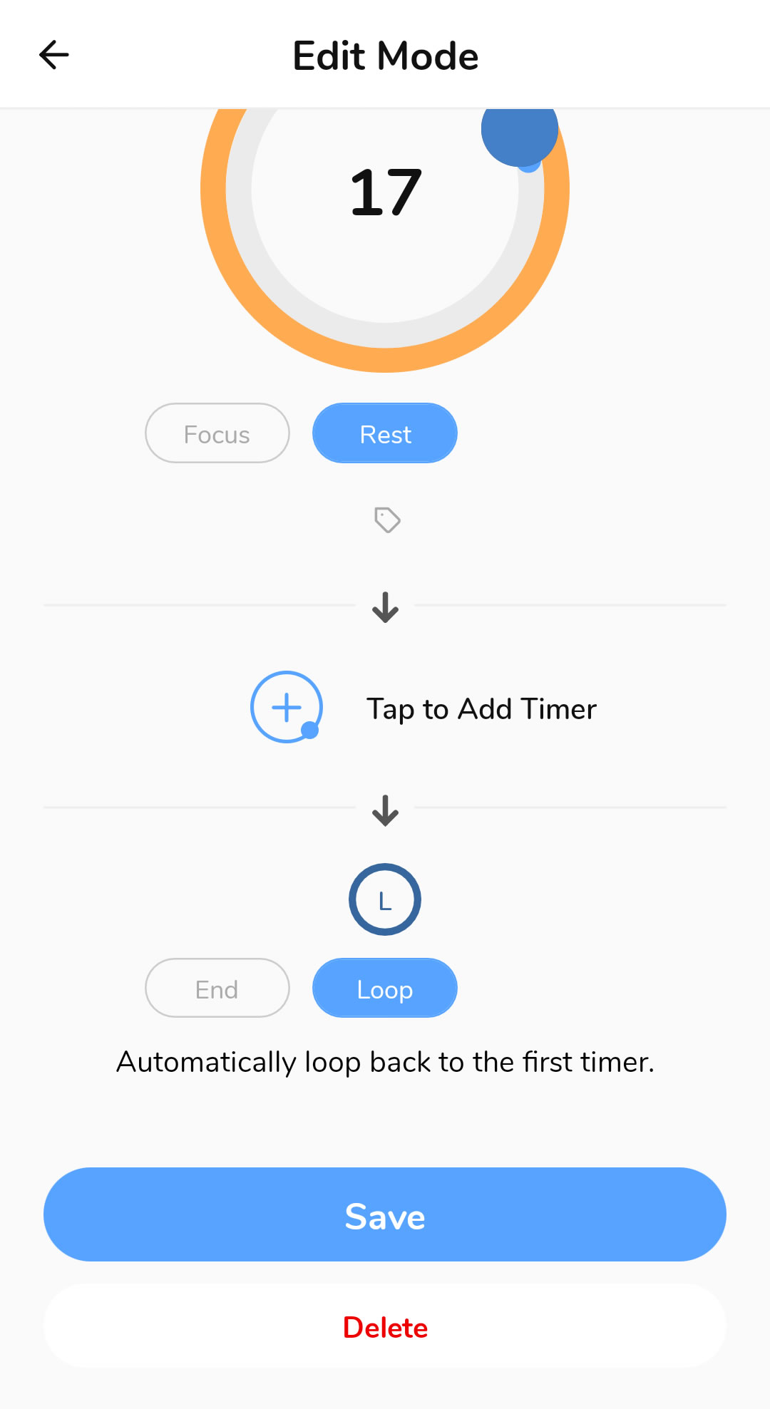 Edit Mode to have a 17 minute Rest timer