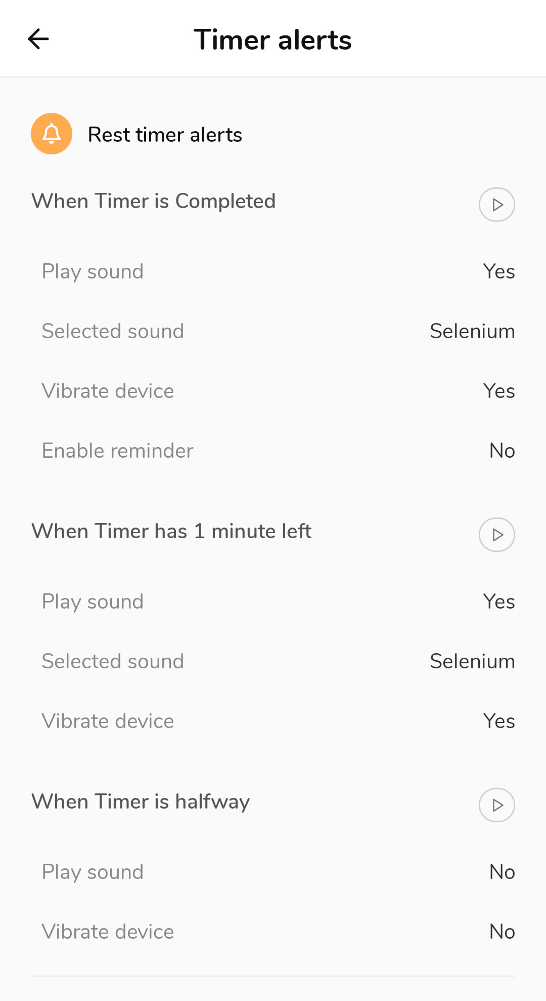 Shows the available Alert points and Alert settings for Rest timers