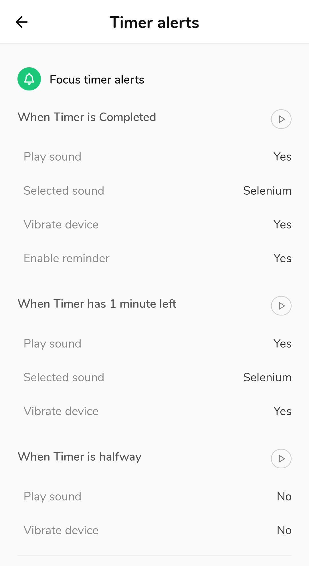 Shows the available Alert points and Alert settings for Focus timers